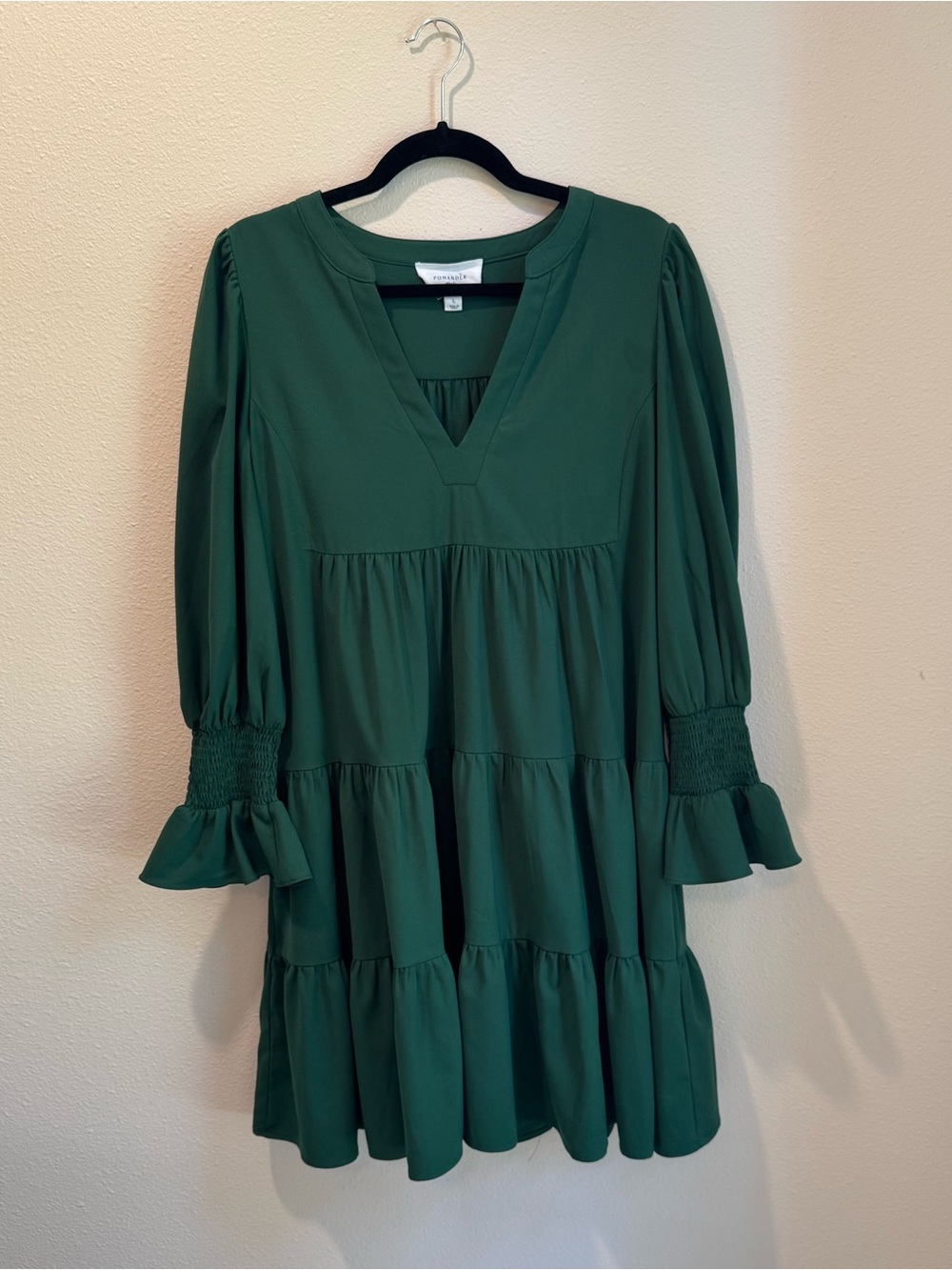 Pomander Place Hunter Green Crepe Kenzo Dress, V-Neck Tiered Long Sleeve